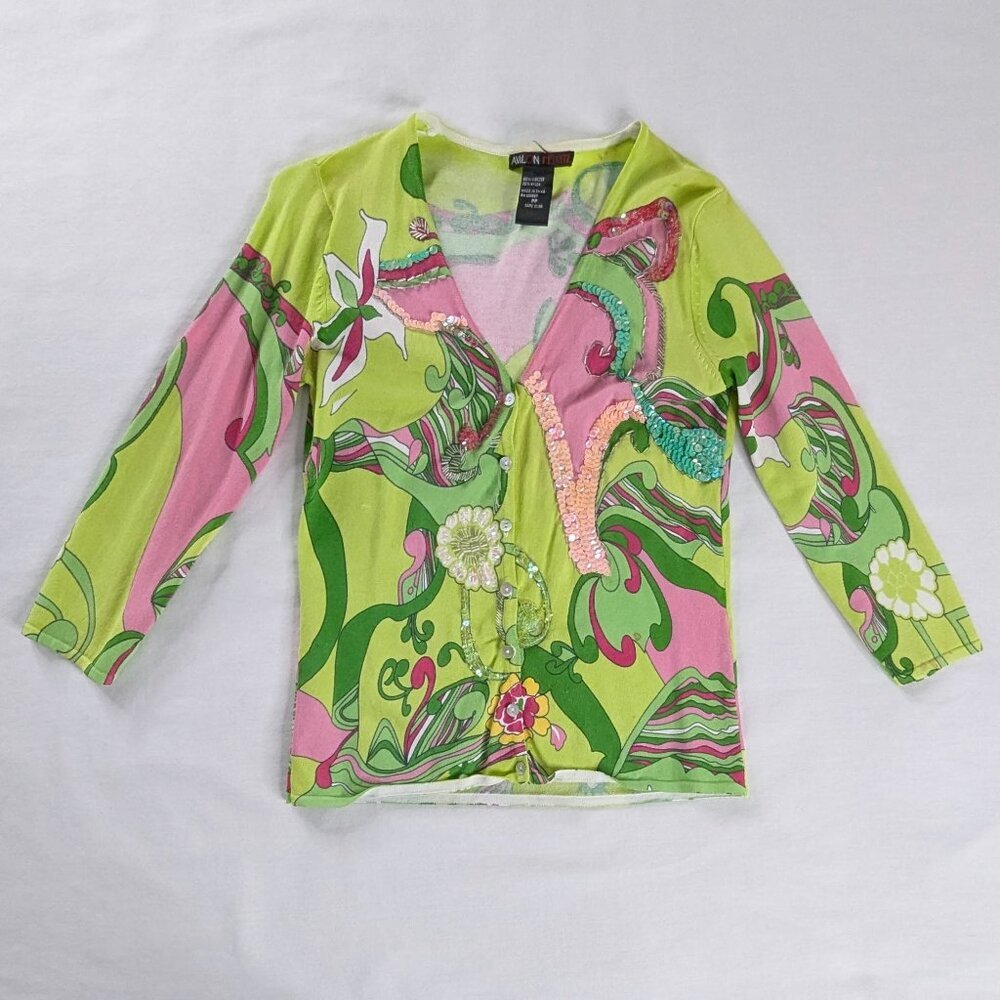 Y2k Green Pink Floral Sequin Button Front Crop Length Light Cardigan